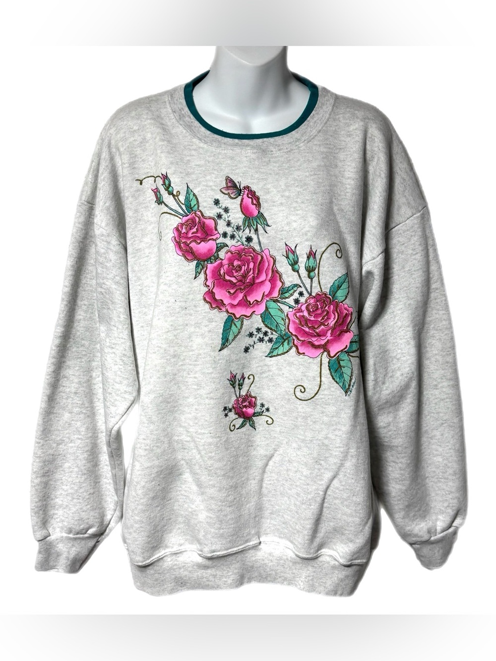Vintage 90s Rose Floral Sweatshirt Cottagecore Grandma Core USA XL Garden Cozy